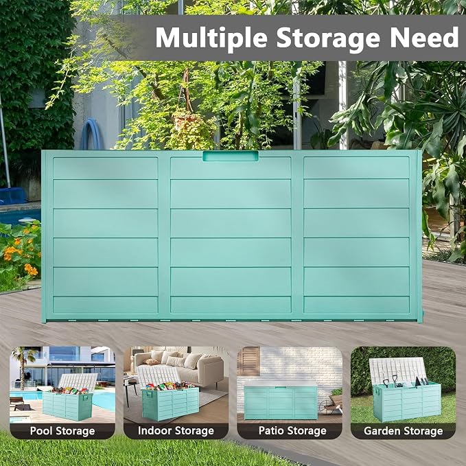 75 Gallon Outdoor Storage Box,Waterproof Deck Box with Lockable Lid&Wheels,Easy-open Outdoor Storage Bench with Handles for Garden,Pool,Balcony (Green)