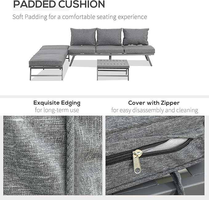 Outsunny 3 Pieces Patio Sofa Furniture Set, 2 Convertible Couch Chaise Lounge Chairs, 1 Coffee Table, Throw Pillows, Water-Repellent Cushions, Grey