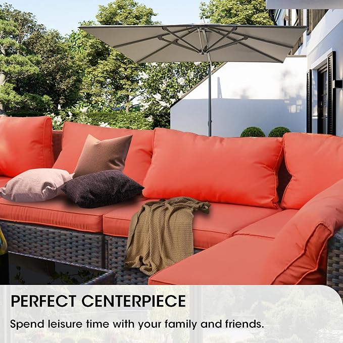 Grezone 9 Piece Patio Furniture Set with 44" Fire Pit Table, Outdoor Sectional Couch, PE Rattan Patio Conversation Sets with 4inch Cushions for Backyard Red