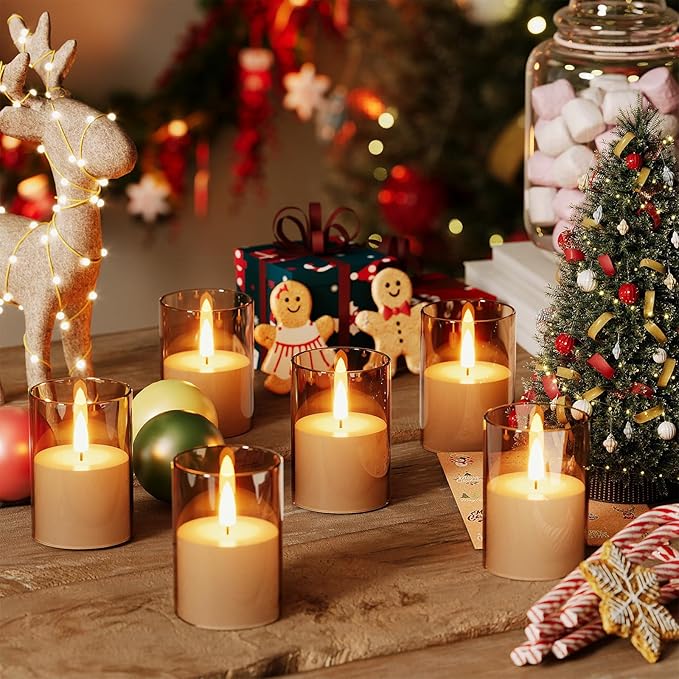 VIODAIM 12Pack Flickering Flameless LED Candles with Timer, Battery Powered - Small Pillar & Votive, Acrylic Made, Gold (2"X3")