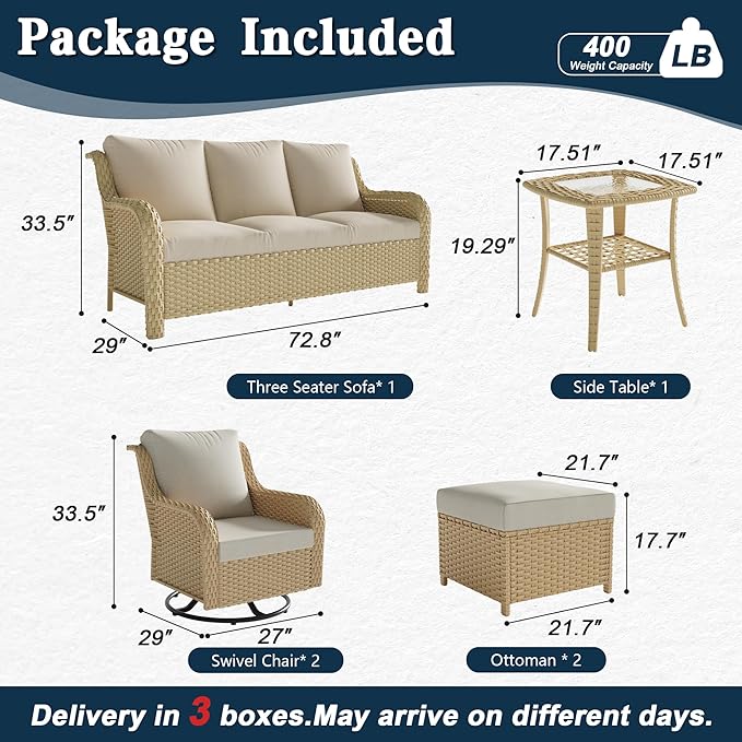 6 Piece Patio Furniture Set with Swivel Chairs, Side Table & Ottomans, Outdoor Patio Conversation Set with Comfortable Cushions for Backyard, Deck, Porch, Poolside - Beige Wicker with Cushions