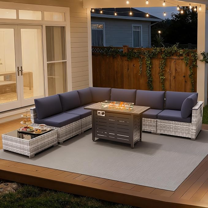 LOUVIXA 8 Piece Outdoor Patio Furniture Set, Outdoor Sectional Sofa with Firepit Table, Wicker Rattan Patio Furniture, Patio Conversation Set with Coffee Table & Cushions