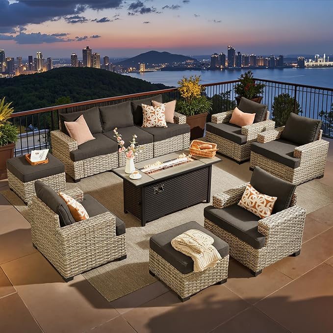 ovios 10 Piece Patio Sectional Furniture with 42in Fire Pit Table, Rattan Wicker Coversation Setwith Single Chairs, Outdoor Sofa Set for Outside Porch Balcony Backyard Pool, Black