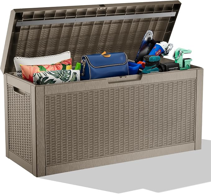 Vixzen 60 Gallon Outdoor Deck Box, Lockable Resin Waterproof Storage Box, UV Resistant, Weather Resistance, Outside Storage Bin for Gardening Tools, Pool Supplies (Grey, 60 Gallon)