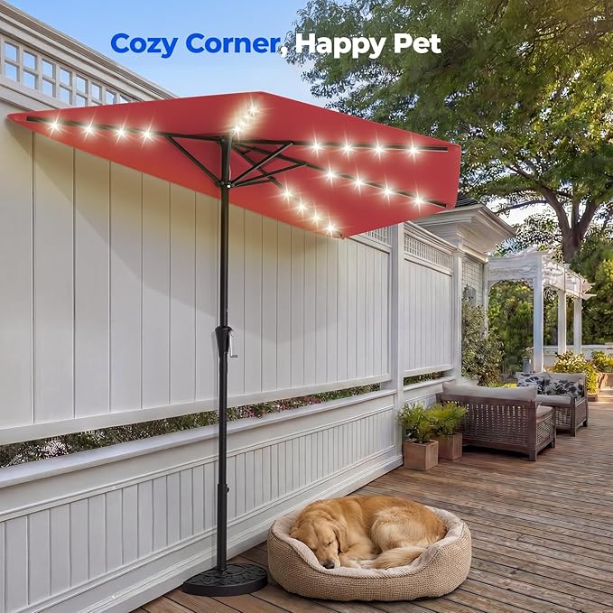 HOMSHADE 9FT Half Patio Umbrella with Solar LED Lights for Outdoor, Waterproof Half Umbrella for Small Spaces, Balcony, Deck(Red)