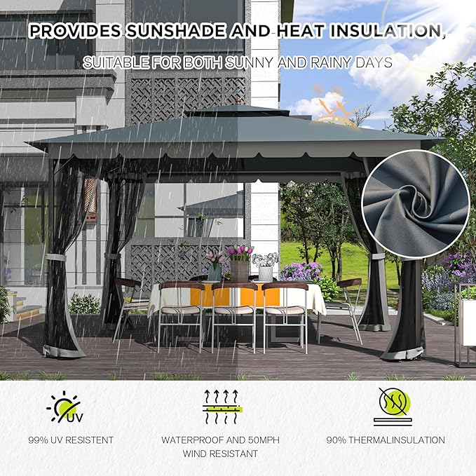 Bezseller 10x12 Outdoor Patio Gazebo with Powder-Coated Metal Frame - Stable Double-Tier Canopy with Zip Mesh Sidewalls for Backyard Dining & Entertaining, Grey