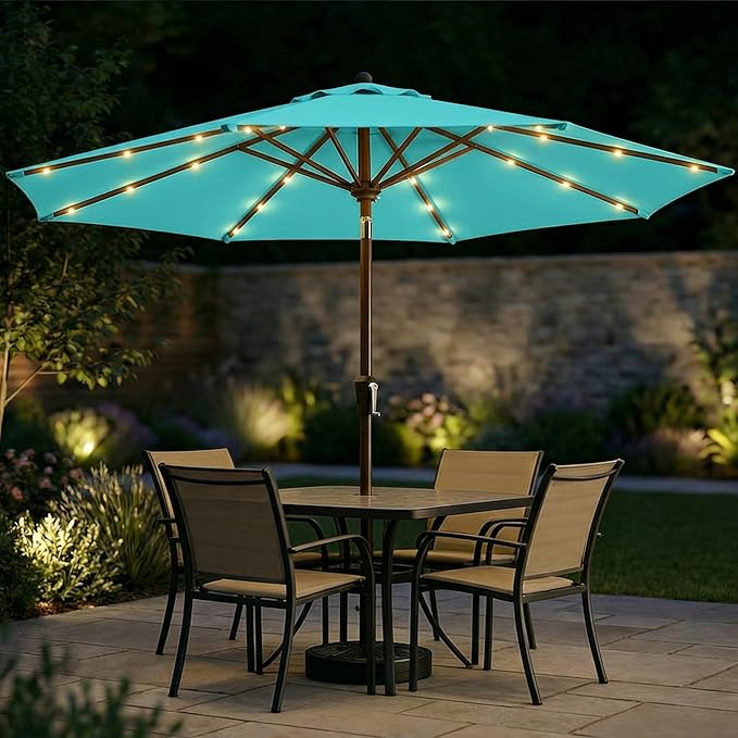 10FT Solar Patio Umbrella with Lights, Outdoor Table Market Umbrella with 32 LED Lights, 8 Sturdy Ribs, Push Button Tilt and Crank for Pool, Deck and Garden, UV-Resistant