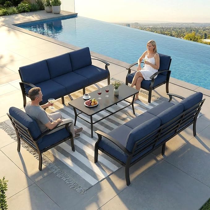 Aluminum Outdoor Patio Furniture Set,8 Seats Patio Conversation Sets with Rectangular Coffee Table,Metal Patio Sectional Furniture Set with 5.1" Thickened Cushions,Navy Blue