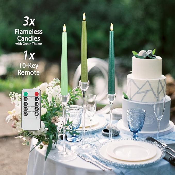 Green Flameless Taper Candles, 9.6" Real Wax Battery Operated Candles with Remote, 3 Pack Flickering, Gradient Candlesticks, Fake Candle for Home, Wedding, Party Decor