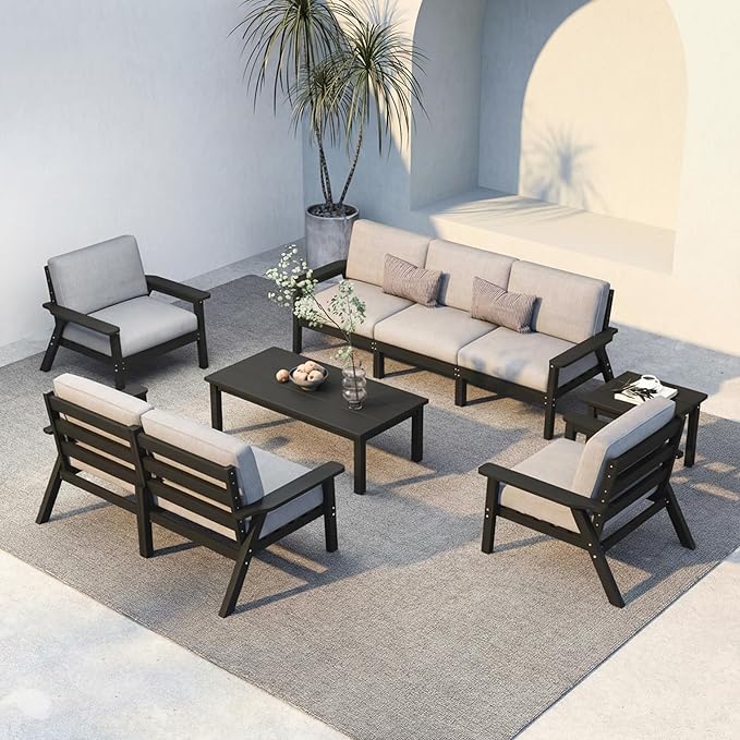 HDPE 7 Piece Patio Furniture Set, HDPE Outdoor Sectional with with Gray Thick Cushions, Coffee Table and Side Table, Patio Conversation Sets for Lawn, Garden, Porch (Black Frame)