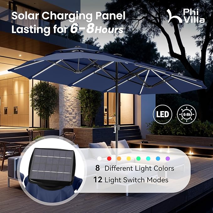 PHI VILLA 13ft Patio Umbrella with 120 PCS Solar-Powered LED Color-Changing Lights, 2-Tier Double-Sided Large Rectanglular Umbrella with Base Included, Blue