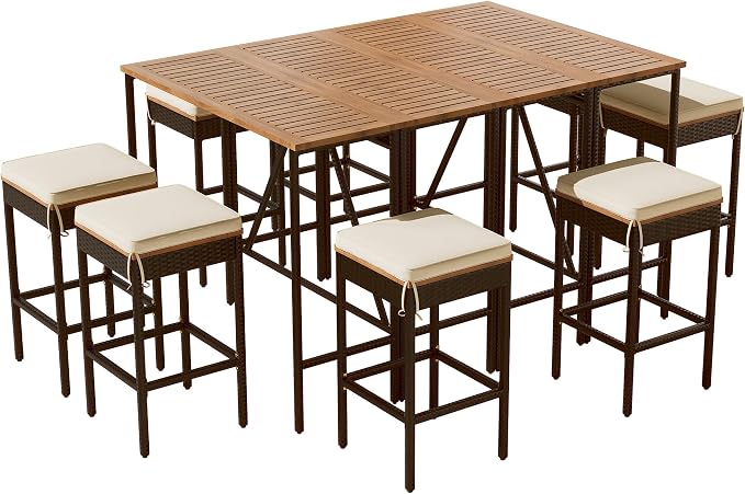 Merax 10-Piece Patio Table and Chairs Set for 8, Counter Height Acacia Wood PE Rattan Wicker Dining Table and 8 Stools with Cushions, Foldable Tabletop, Outdoor All-Weather Dining Table Set, Brown