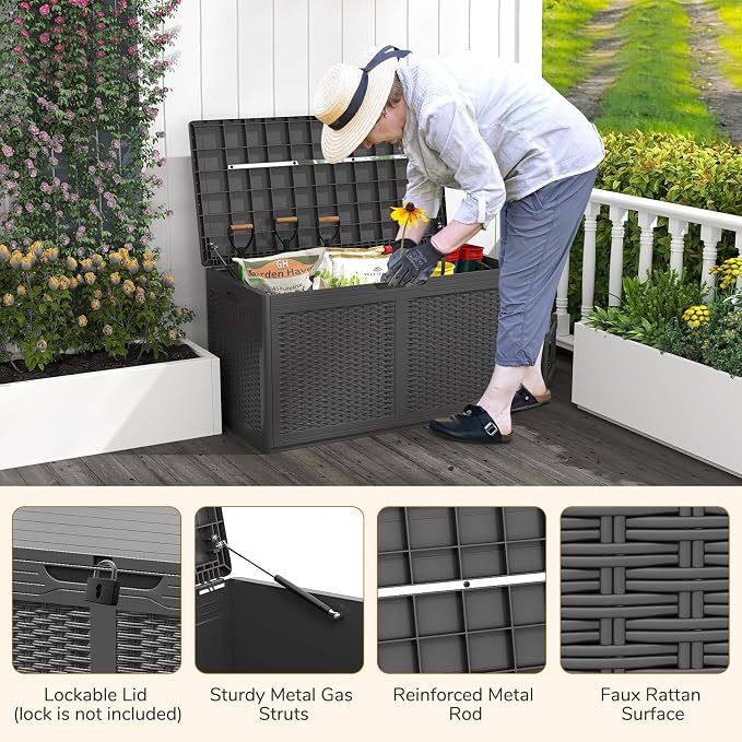 Moccha 100-Gallon Outdoor Storage Box - Waterproof Resin Deck Box with Lockable Lid & Wheels, Faux Rattan Outdoor Storage Bench for Pool Accessories, Garden Tool, Patio Furniture Cushion (Grey)