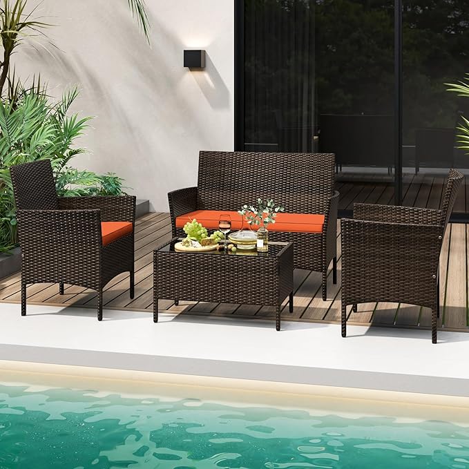 Tangkula 4 Piece Patio Rattan Conversation Set, Outdoor Wicker Furniture Set with Chair, Loveseat & Tempered Glass Table, Cozy Seat Cushions, Outside Sectional Sofa Set for Backyard (1, Orange)