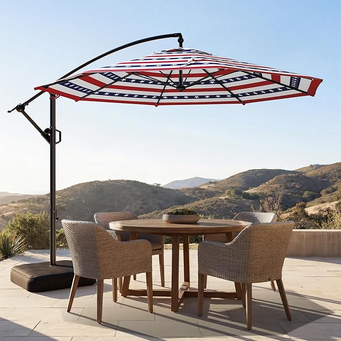 HOMSHADE 10ft Offset Patio Umbrella - w/Base, Cantilever Offset Hanging Patio Outdoor Market Umbrella UPF50+ UV Protection with Easy Tilt and Crank for Pool Deck and Garden(Red & Blue Star Stripes)
