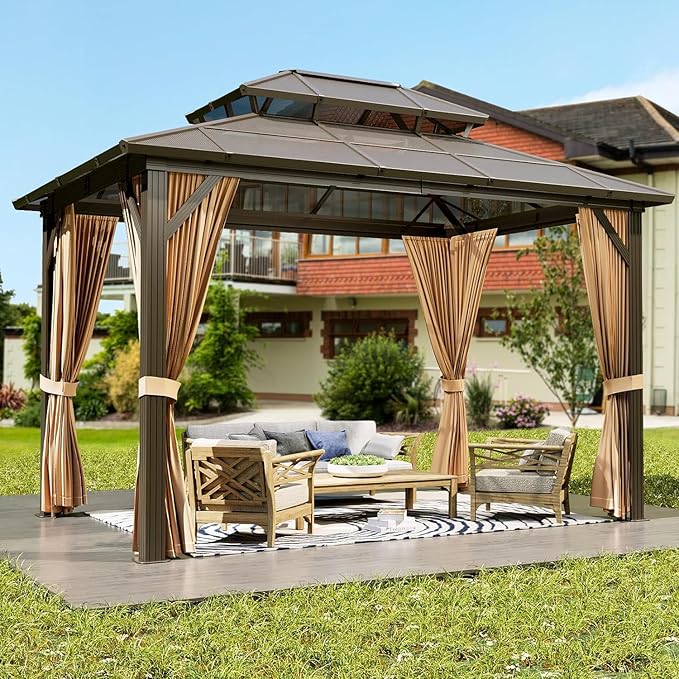 GAOMON 10'x12' Hardtop Gazebo, Outdoor Polycarbonate Double Roof Canopy, Aluminum Frame Permanent Pavilion with Curtains and Netting, Sunshade for Garden, Patio, Lawns