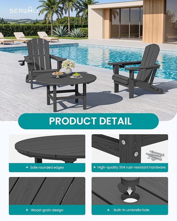 SERWALL 35.5'' Round Outdoor Table with Umbrella Hole, HDPE Weatherproof Coffee Table, Grey