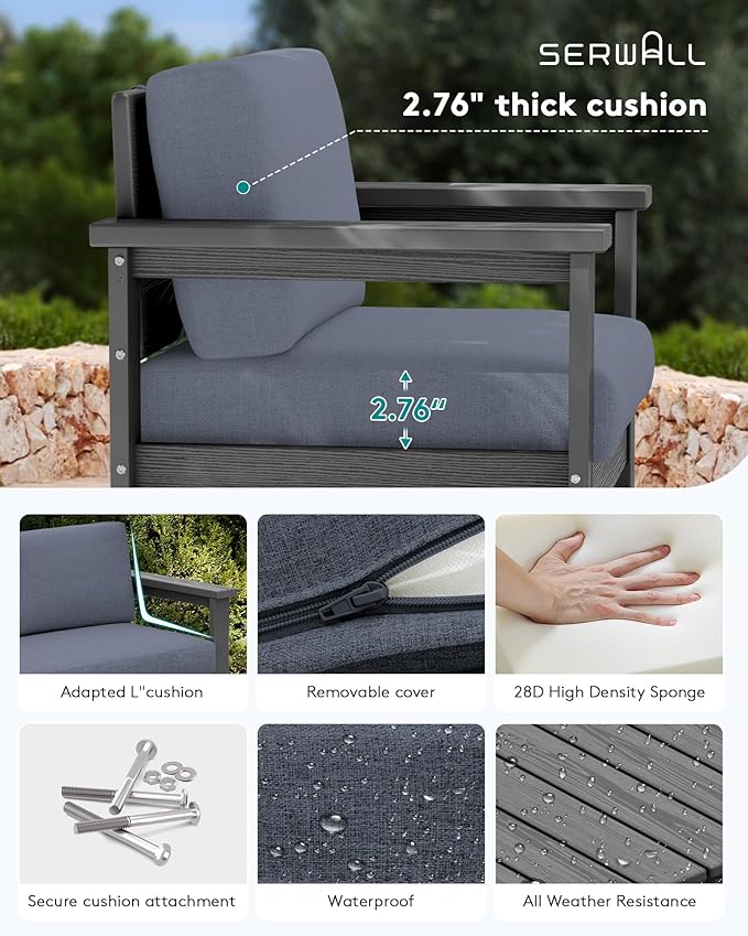 SERWALL 3 Pieces HDPE Outdoor Sofa Bistro Set with Cushions, Outdoor Furniture Sofa Sets with Coffee Table and Cushions, All Weather Conversation Social Set, Grey Frame and Grey Cushion