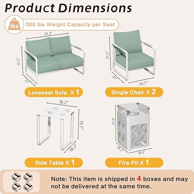 MBY Outdoor Aluminum Patio Furniture Set, 4-Seats Patio Conversation Sofa Set with 45,000 BTU Fire Pit Table w/Glass Wind Guard, All Weather for Pool, Balcony, Garden-White