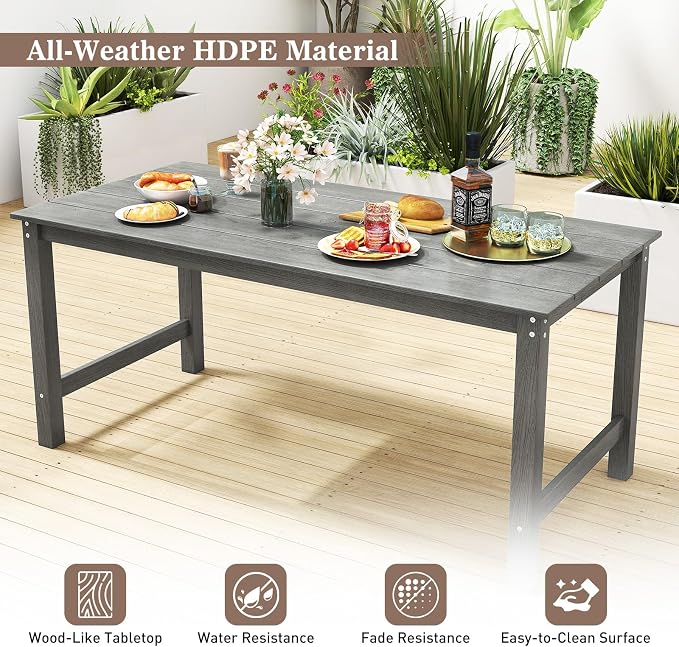 Tangkula HDPE Outdoor Dining Table for 6 Person, 67” Patio Table with Wood-Like Tabletop and Umbrella Hole, Weather-Resistant Rectangle Table for Garden, Backyard and Poolside (Gray, 1 Table)