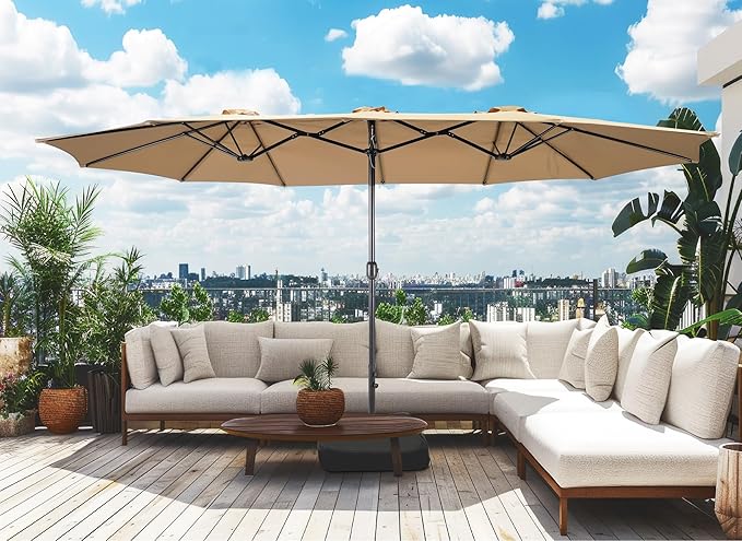 15ft Patio Umbrella with Base, 10-Year-No-Fade Large Outdoor Double-Sided Market Umbrella with UPF50+Terylene Polyester Fabric and Crank for Poolside Garden Deck Backyard Beach Pools