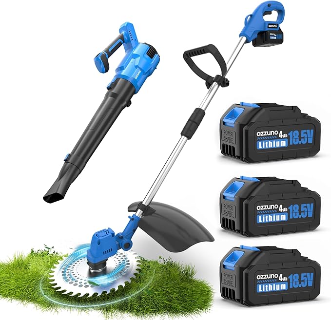 AZZUNO Electric Brush Cutter and Cordless Leaf Blower Combo Kit with 3 * 4Ah Battery & Charger for Garden Yard Patio
