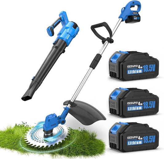 AZZUNO Electric Brush Cutter and Cordless Leaf Blower Combo Kit with 3 * 4Ah Battery & Charger for Garden Yard Patio