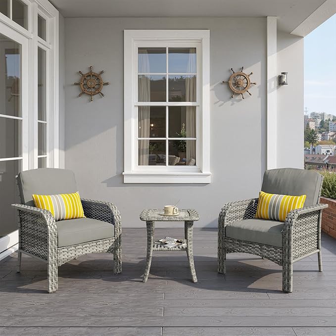 3 PCS Outdoor Patio Furniture Set with Side Table, All-Weather Rattan Wicker Outdoor Conversation Set with Thickened Cushions for Balcony Backyard Garden Lawn,Dark Grey