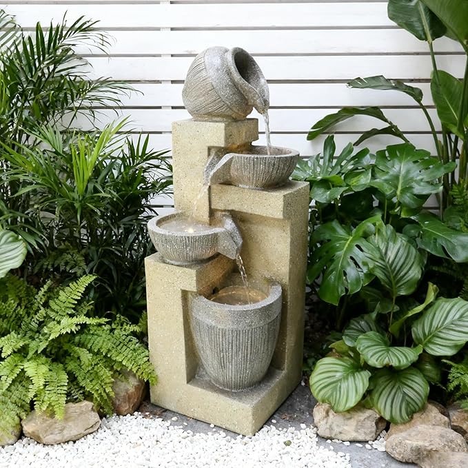 Outdoor Water Fountain with Lights, 20.08” Tall Resin Tiered Waterfall Fountain, Garden Decor for Patio, Yard, Deck & Indoor Relaxation(Gray)