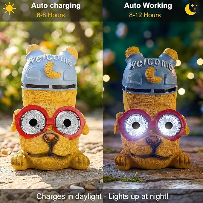 pearlstar 3 Pack Solar Lights Outdoor Garden Statues Resin Animal with Welcome Sign, Cat Dog Pig Solar Figurines LED Lights Waterproof Outside Decor for Patio Yard Lawn Pathway Christmas Ornaments