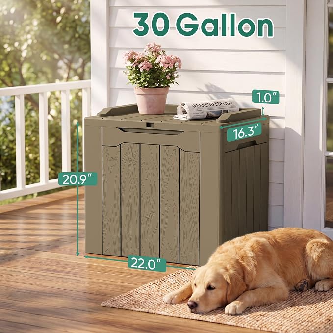 GUNJI 30 Gallon Small Deck Box Outdoor Waterproof Resin Storage Box Lockable Storage Container Outside Package Delivery Box 2 Packs (Beige, 2 Packs)