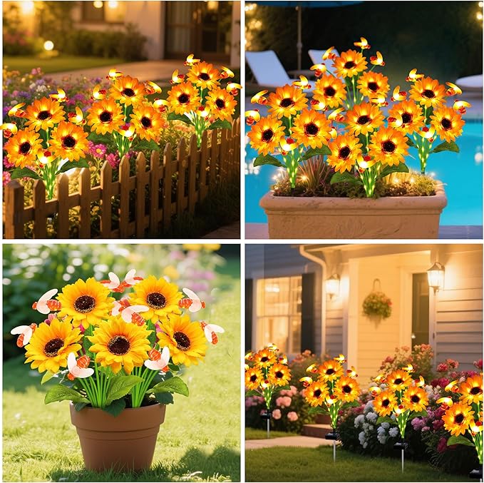ANGMLN Solar Garden Lights 4 Pack Solar Swaying Bee Lights with Sunflowers, Gifts for Mom Women Mothers Day, Waterproof Firefly Flower Light for Outdoor Decor,Decoration for Patio Yard Landscape