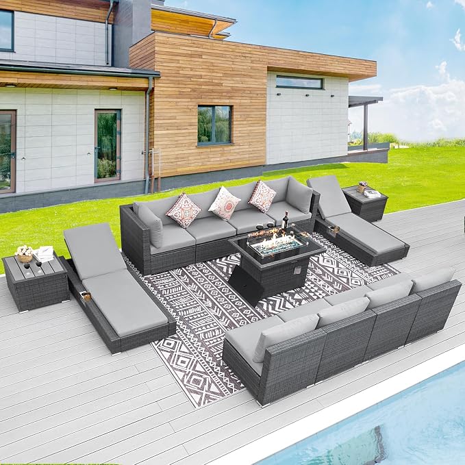 BULEXYARD 13 Piece Large High Back Grey Rattan Patio Furniture Set with Natural Gas/Propane Fire Pit and Lounge Chaise, Luxury Comfy Deep Wide Seat Outdoor Sectional Conversation Sofa Sets, Light Gray