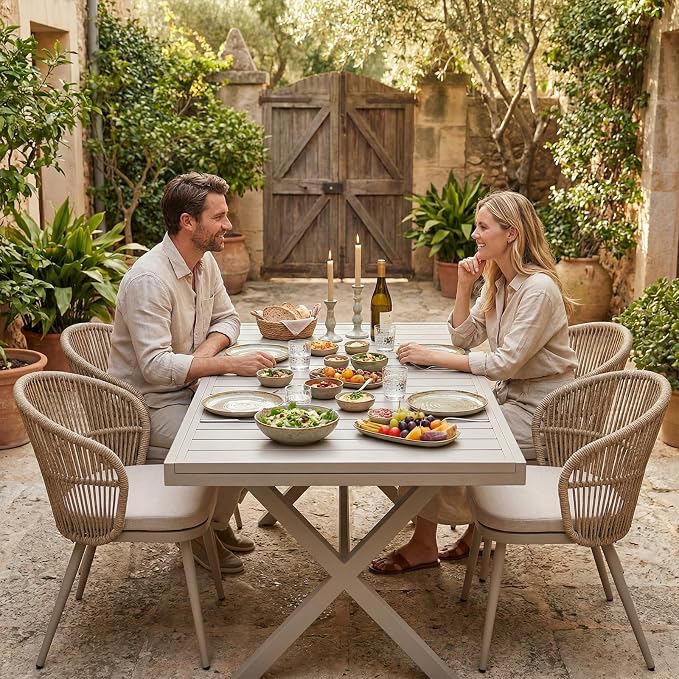 SUNSITT 7 Piece Outdoor Patio Dining Set, 65" - 107" Metal Expandable Outdoor Dining Table with X-Shape Legs, 6 Woven Wicker Outdoor Patio Chairs w/Removable Cushions for Garden, Beige