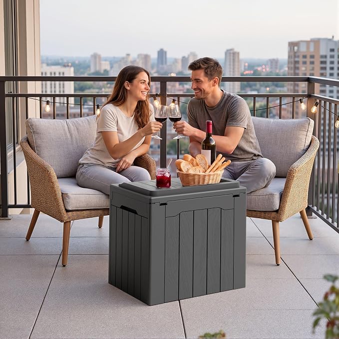 GUNJI 30 Gallon Small Deck Box Outdoor Waterproof Resin Storage Box Lockable Storage Container Outside Package Delivery Box 2 Packs (Gray, 2 Packs)