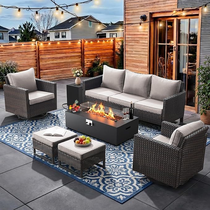 HUMMUH Patio Furniture Set with Fire Pit Table,7 Piece Wicker Outdoor Conversation Sets -Outdoor Swivel Rocker Chairs Patio Sofa for Porch,Garden,Backyard