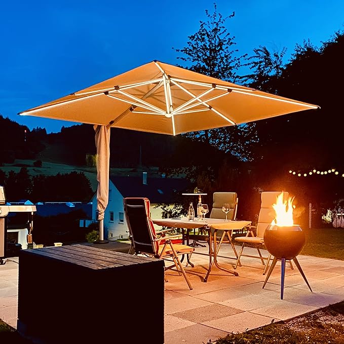 PURPLE LEAF Cantilever Umbrella 10' X 10' Solar Powered LED Offset Double Top Patio Outdoor Umbrella for Garden, Deep Beige