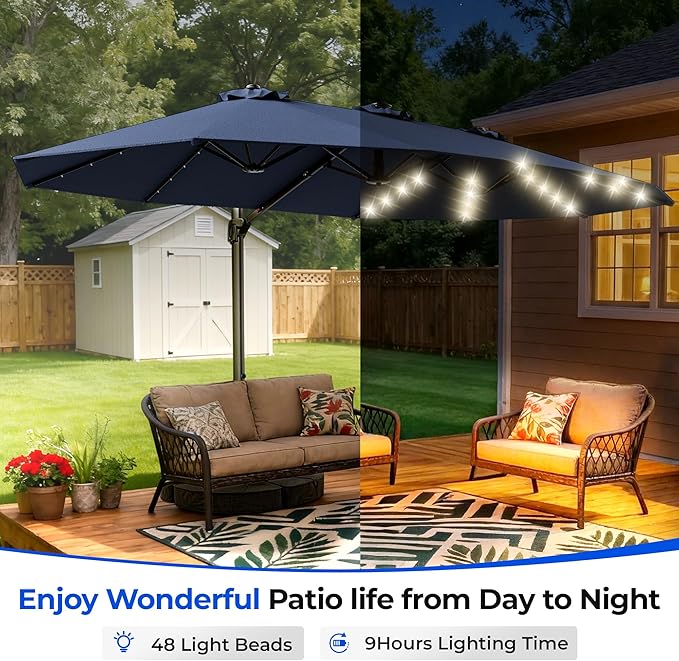 HOMSHADE 15FT Cantilever Double-Sided Umbrella with Solar Light and Base, Rectangle Oversized Offset Patio Umbrellas, Extra Large Outdoor Umbrella for Pool, Deck, Garden, Market (Navy Blue)
