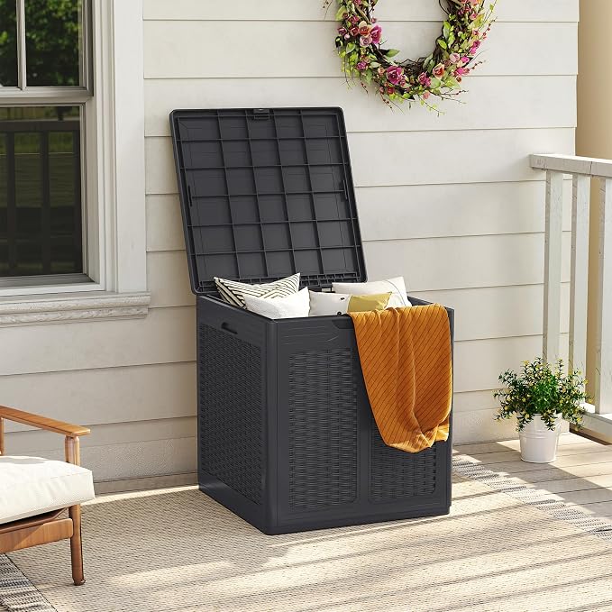 Giantex 39 Gallon Outdoor Storage Box, PP Deck Container with Rattan Patterns & Lockable Lid, Patio Plastic Storage Bin for Package Delivery, Garden Tools, Patio Cushions (39 Gal,Brown)