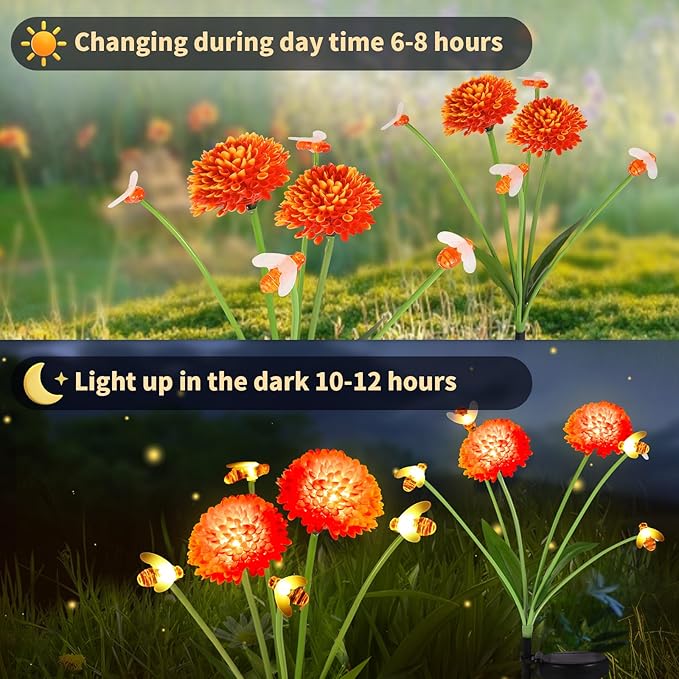 Solar Garden Lights Outdoor, 4 Pack Solar Flowers Lights with Bee, Waterproof Solar Lights Outdoor for Garden Yard, Patio, Pathway, Wedding, Festival Decor, Gift for Women, Mom Grandma
