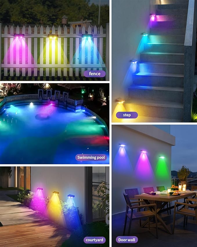 Solar Fence Lights 16 Pack, Outdoor IP65 Waterproof LED, RGB Fence Lights Solar Powered 7 Colors, for Wall, Patio, Deck, Backyard, Garden, Pool, Railing