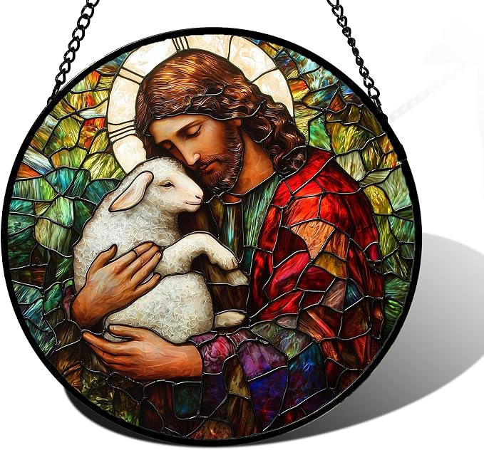 DASTOLL Stained Glass Window Hanging, Jesus Little Lamb Sun Catchers Colorful Glass Panel Christianity Suncatcher Decor for Birthday for Women, Men, Wife, Aunt, and Mom 6.3 in