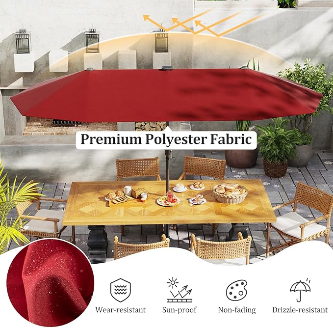 HAPPYGRILL 13 FT Double-sided Patio Umbrella with Solar Lights, Crank Handle & 12 Heavy-Duty Ribs, Outdoor Twin Size Oversized Rectangle Market Umbrella for Garden Deck Poolside