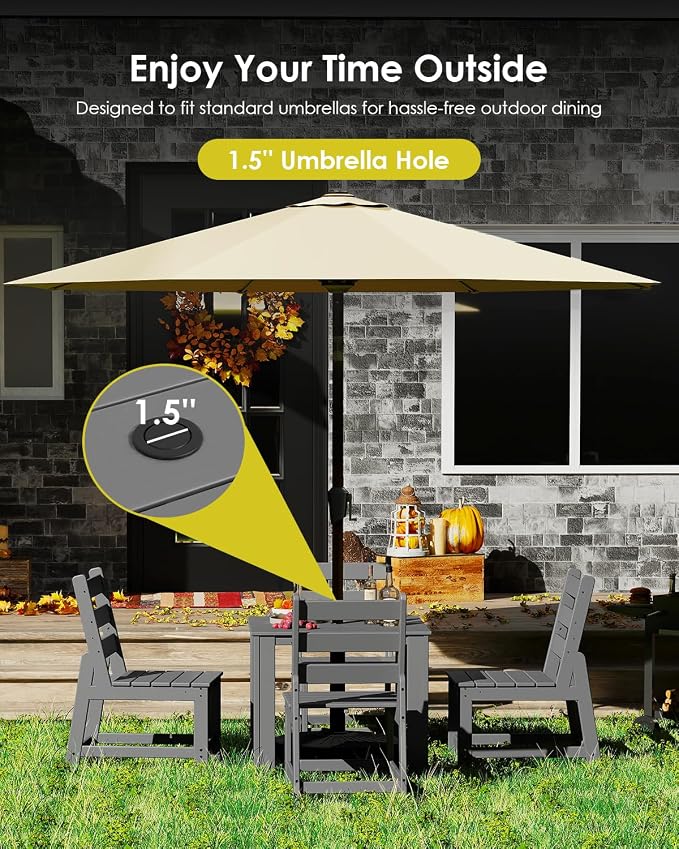 GREENVINES 5-Piece-Outdoor-Dining-Set | HDPE | Square | Patio Furniture | Table and Chairs Sets for 4 | All Weather | Armless Chair | Umbrella Hole | for Backyard Poolside Garden | Grey