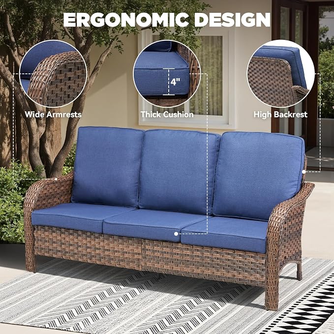 6 PCS Patio Furniture Set, Outdoor Wicker Sofa & 2 Swivel Rocking Chairs with 2 Ottomans & Side Table, 4-Inch Thick Olefin Cushions, 300 lbs Capacity Rattan Conversation Set for Porch, Blue