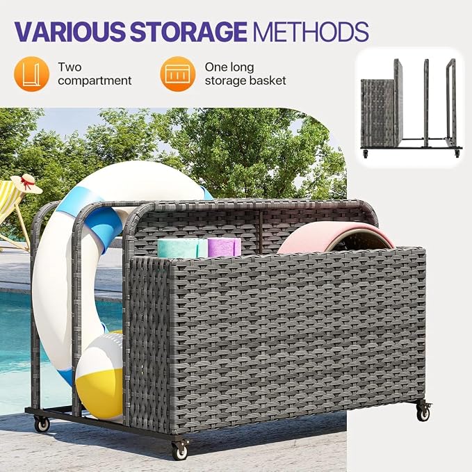 Poolside Deck Box, Poolside Storage Organizer With Pe Rattan Wicker Basket, For Floats & Accessories, Galvanized Frame With Locking Wheels