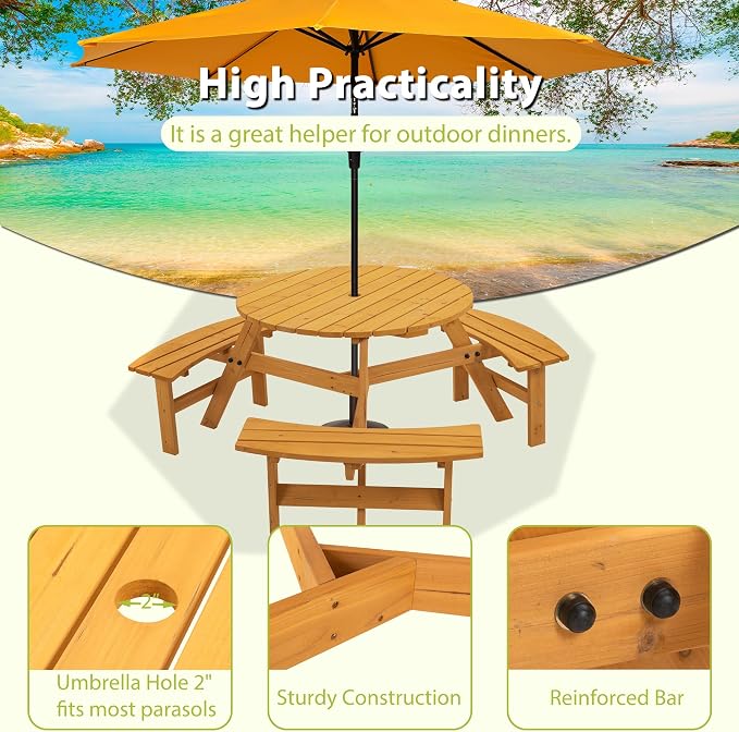 JOYBASE 6-Person Wooden Picnic Table, Outdoor Round Table with Built-in Benches and Umbrella Hole, Picnic Table Bench Set for Patio, Backyard, Garden (Wood Color)