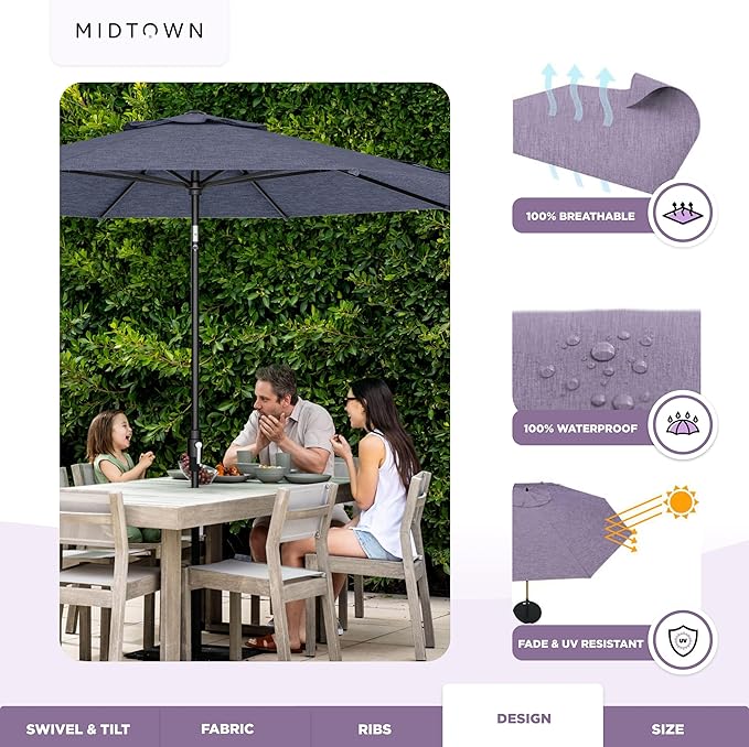 Midtown Umbrellas – The Swilt 8 Ft Patio Umbrellas with 360° Swivel & Tilt Mechanism, Fiberglass Ribs & Terylast Polyester Fabric for Backyard, Deck, Pool & Cafes - Textured Purple Canopy, Black Pole