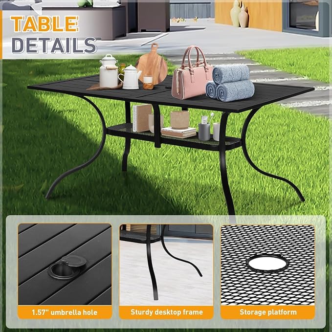 7 Piece Outdoor Patio Dining Set, Metal Patio Furniture Set Outdoor Rectangular Slatted Dining Table with Umbrella Holes & 6 Stackable Backyard Garden Chairs