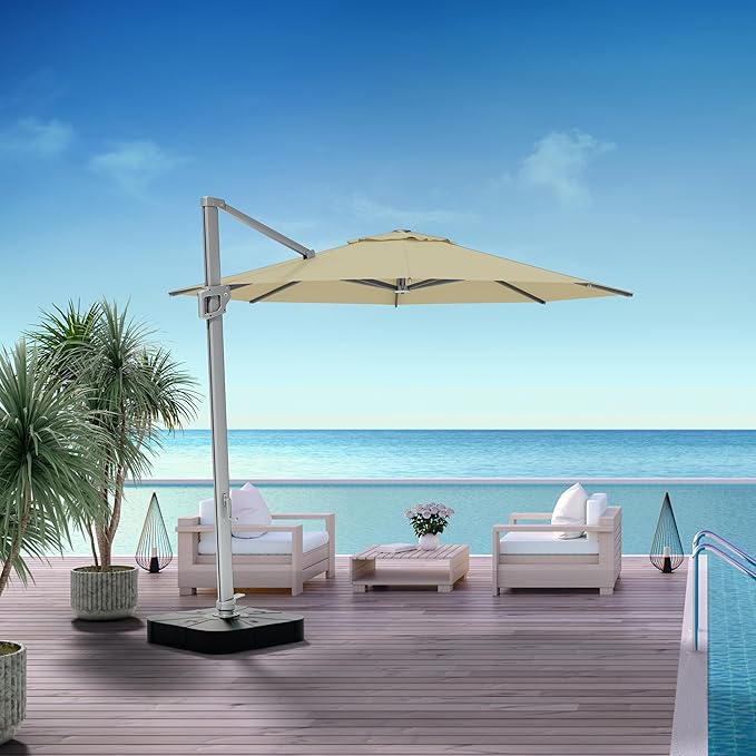 Midtown Umbrellas 10 Ft Outdoor Cantilever Patio Umbrella w/Sunbrella Antique Beige - Tilt 360° Rotate Offset Patio Umbrella, Deck Patio Umbrella, Backyard Umbrella & Garden Umbrella - Silver Frame